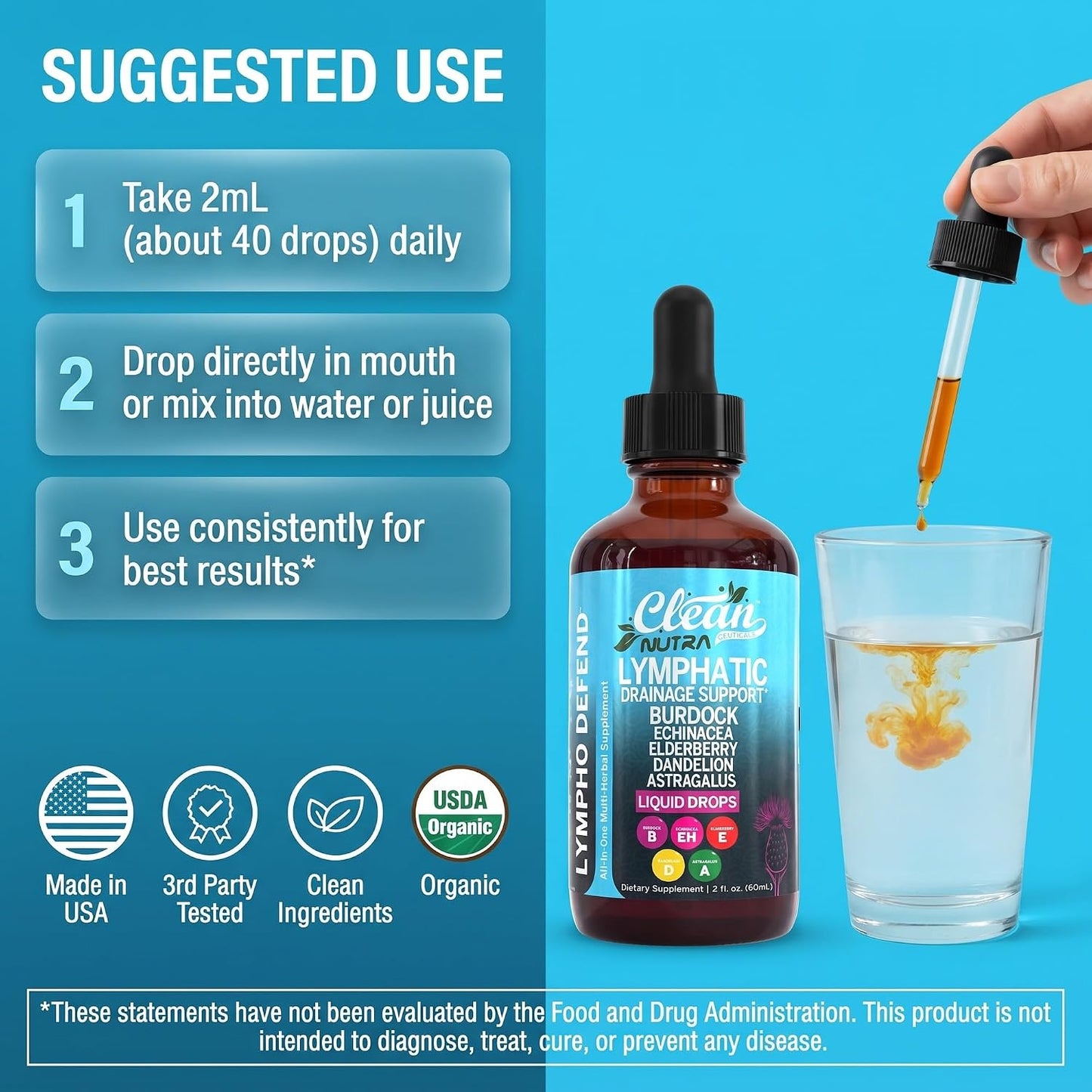Organic Lymphatic Drainage Supplement | Lymphatic Support Drops | Burdock Root Echinacea Elderberry Dandelion Astragalus Milk Thistle Sea Moss Red Clover Cleanse Marigold Drop By Clean Nutra