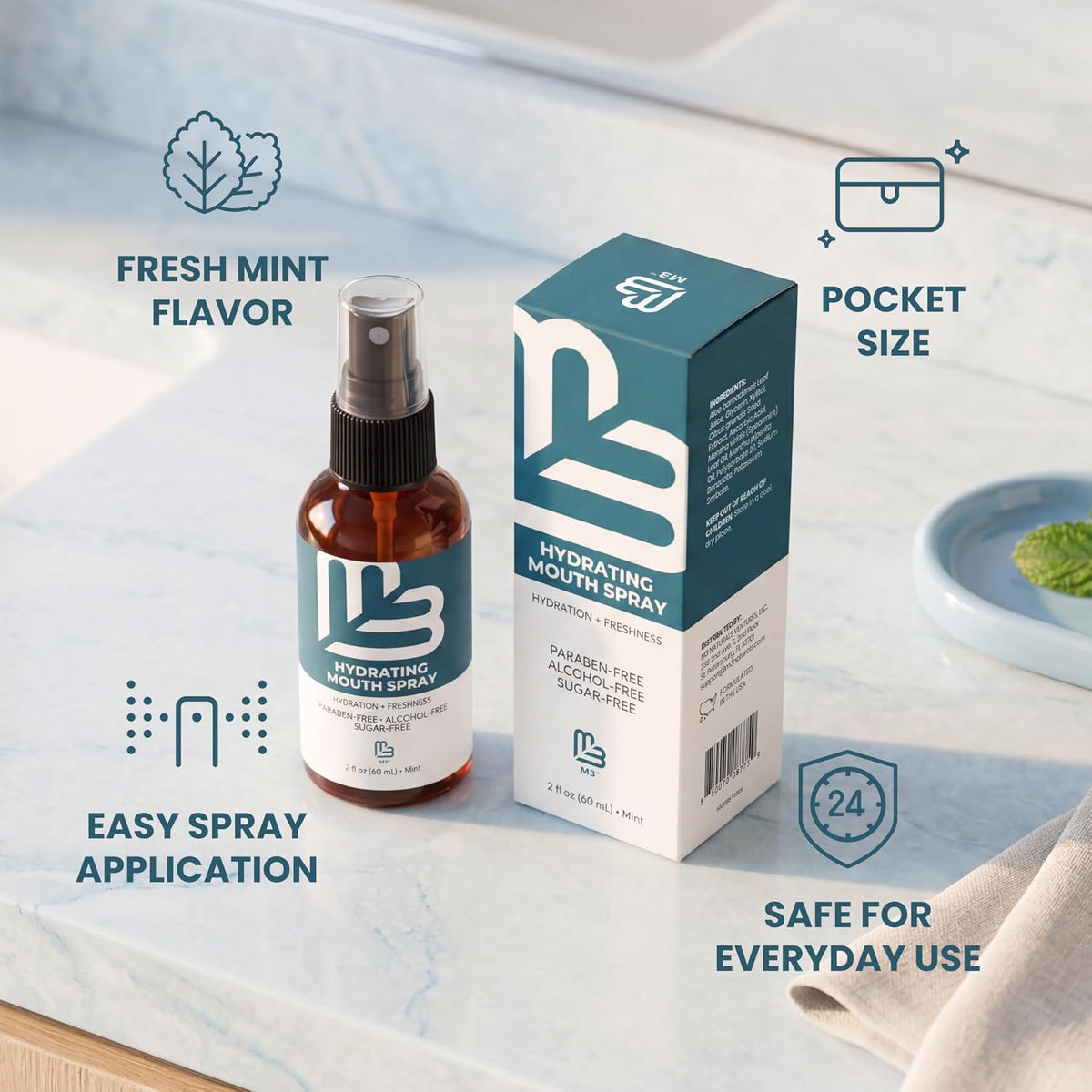 M3 Fast-Acting Dry Mouth Spray for Adults with Xylitol & Aloe (2 Fl Oz)