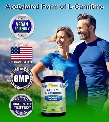 aSquared Nutrition Acetyl L-Carnitine 1000mg Max Strength - 200 cápsulas vegetales - Alta dosis de acetil L carnitina HCL (ALCAR) suplemento píldoras para apoyar la energía pura, la función cerebral y