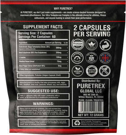 Ultra Turkesterone Complex for Men, 5000mg Herbal Equivalent, 120 Vegan Capsules, Beta Ecdysterone, L-Leucine, Rhodiola Rosea, BioPerine Black Pepper, Strength Endurance and Lean Muscle