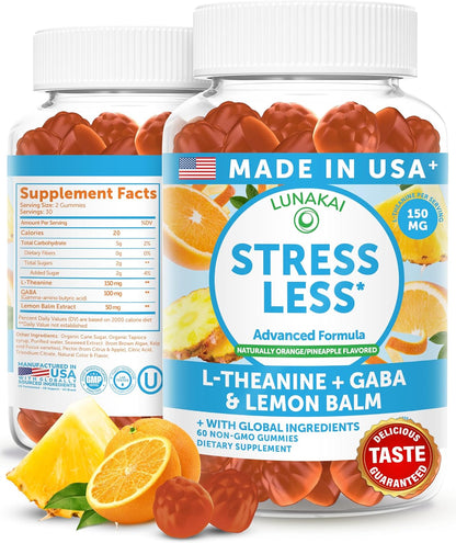 Lunakai USA Made Calm & Stress Relief Gummies – Delicious GABA + L-Theanine Calming Supplement for Adults & Kids – Natural Stress Support, 60ct