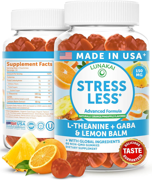 Lunakai USA Made Calm & Stress Relief Gummies – Delicious GABA + L-Theanine Calming Supplement for Adults & Kids – Natural Stress Support, 60ct