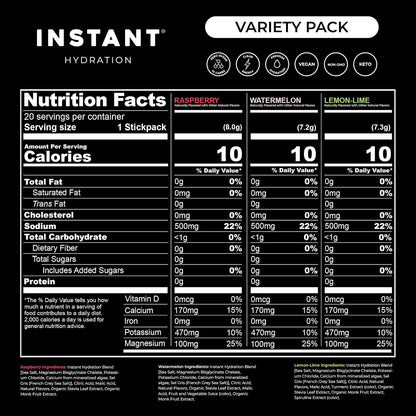 Instant Hydration Sugar Free Electrolytes Powder Packets Variety Pack - Watermelon, Raspberry, Lemon Lime Drink Mix & Travel Essentials with Magnesium and Potassium - Post Workout Recovery - 20 Sticks