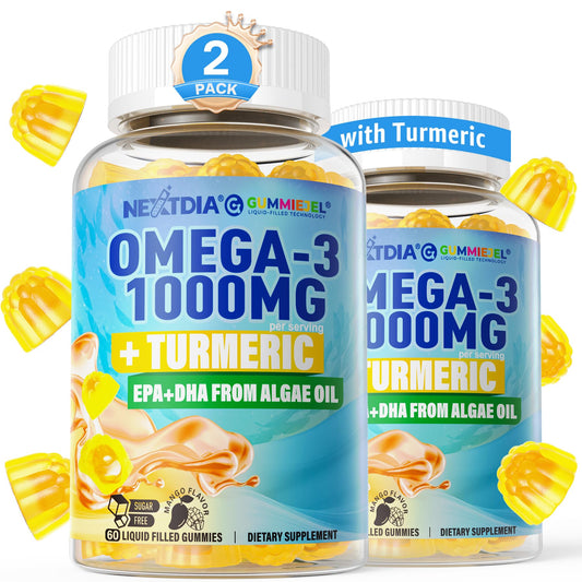 Omega-3 Gummies + Turmeric - Omega 3 Fish Oil Alternative for Adults - Algae DHA 600mg & EPA 300mg, Vitamins A, C, E, Zinc & MSM, Sugar Free, 60 Cts