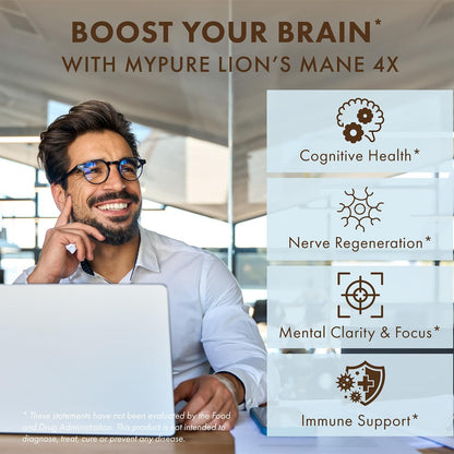 PURE ESSENCE LABS MyPure Lion's Mane 4X - Ultra Strength Brain Support Supplement with 6:1 Hot Water Extract & 10:1 Extract for Cognitive Health, Focus, Memory & Mental Clarity, 30 Capsules