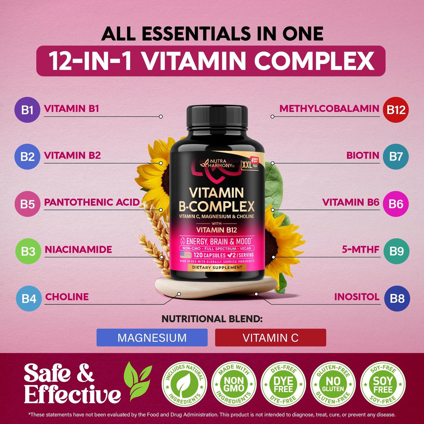 Vitamin B Complex for Men & Women - Made in USA - 11-in-1 B-Complex: B1, B2, B3, B5, B6, B7, B8, B9, B12 with Vitamin C, Choline, Inositol - Energy, Brain & Heart Support Supplement, 60 Vegan Capsules