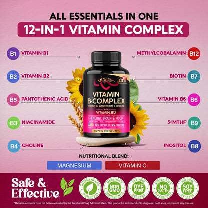 Vitamin B Complex for Men & Women - Made in USA - 11-in-1 B-Complex: B1, B2, B3, B5, B6, B7, B8, B9, B12 with Vitamin C, Choline, Inositol - Energy, Brain & Heart Support Supplement, 60 Vegan Capsules