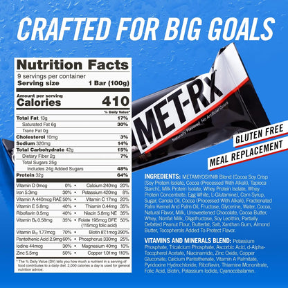 MET-Rx Big 100 Protein Bar, Super Cookie Crunch, 32g Protein, 9 Ct | Great as Healthy Meal Replacement, Snack, and Help Support Energy, With Vitamin A, Vitamin C, and Zinc