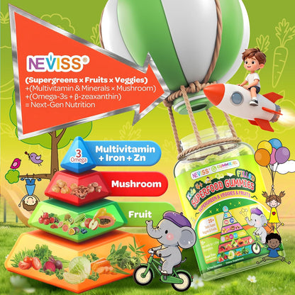 NEVISS Kids Teens Ages 4–17 Multivitamin with Iron Omega3 D3K2, Picky Eater Vitamin Super Greens Gummies, Boys Girls Organic Fruits Veggies Superfood Gummy, Mushroom | Immune Bone Brain, Sugar Free