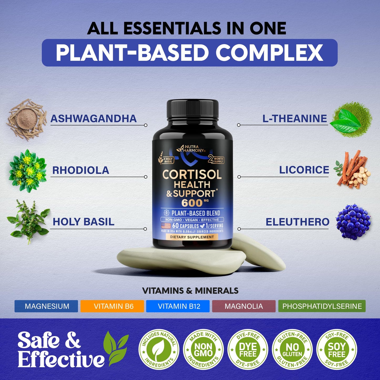 Cortisol Supplement for Women - Holy Basil | Ashwagandha | Rhodiola | L-Theanine - Plant-Based Hormone Balance - Mood, Focus & Sleep Support - Lab Tested - Vegan, Non-GMO - 60 Capsules for 2 Months