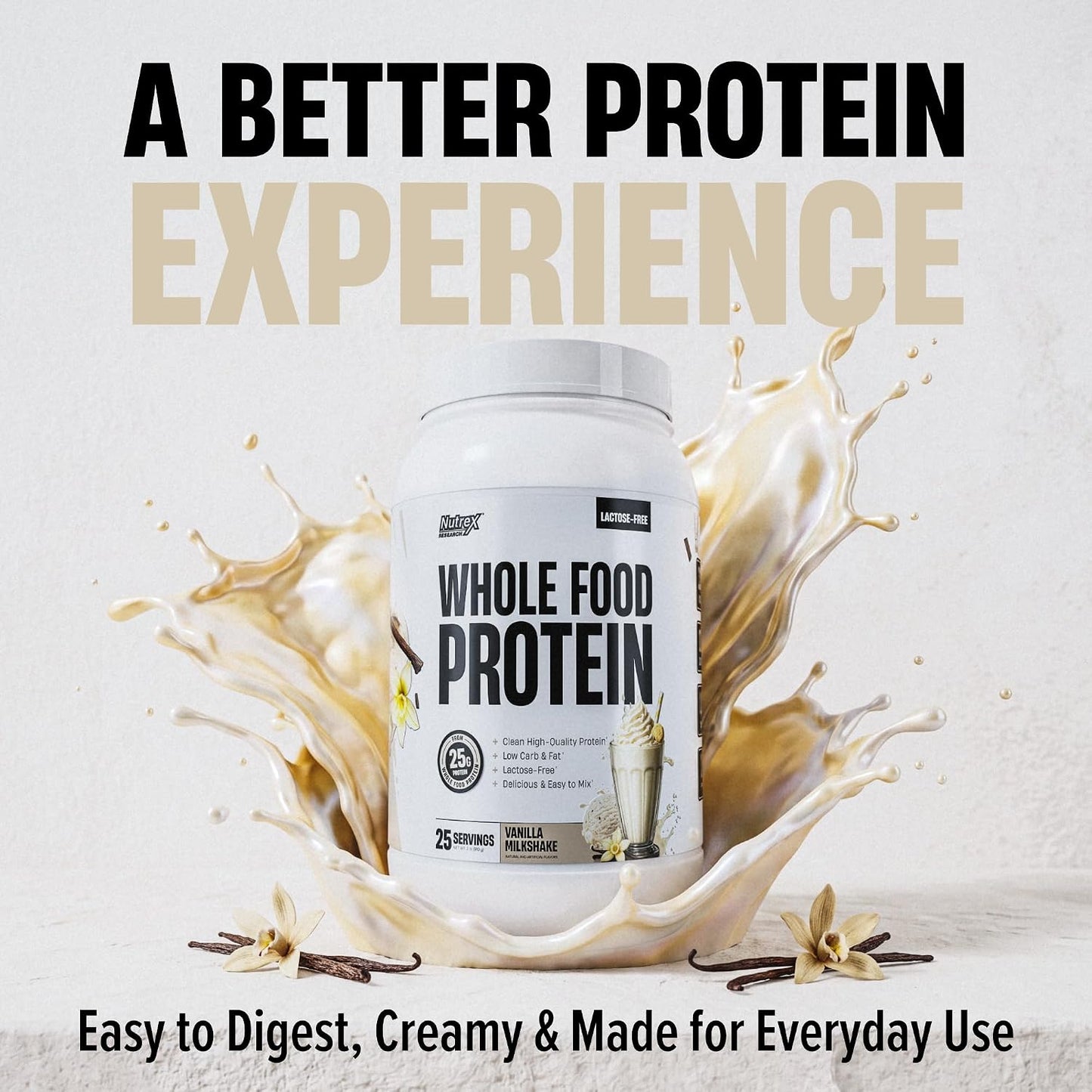 Whole Food Protein Powder - 25g Protein per Scoop, Lactose Free Protein with Beef Isolate, Collagen, Pea, Brown Rice, Chicken & Egg Protein, 0G Sugar, Keto Friendly, Vanilla Milkshake 25 Serv