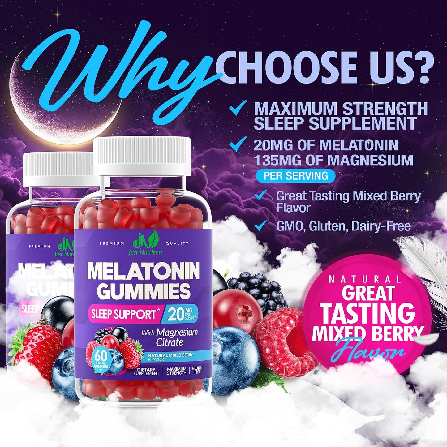 Melatonin 20mg Gummies with Magnesium Citrate - Maximum Strength Sleep Aid for Adults with 10mg of Melatonin Per Gummy - Gluten-Free, Non-GMO, Vegetarian, Mixed Berry Flavor - 60 Gummies