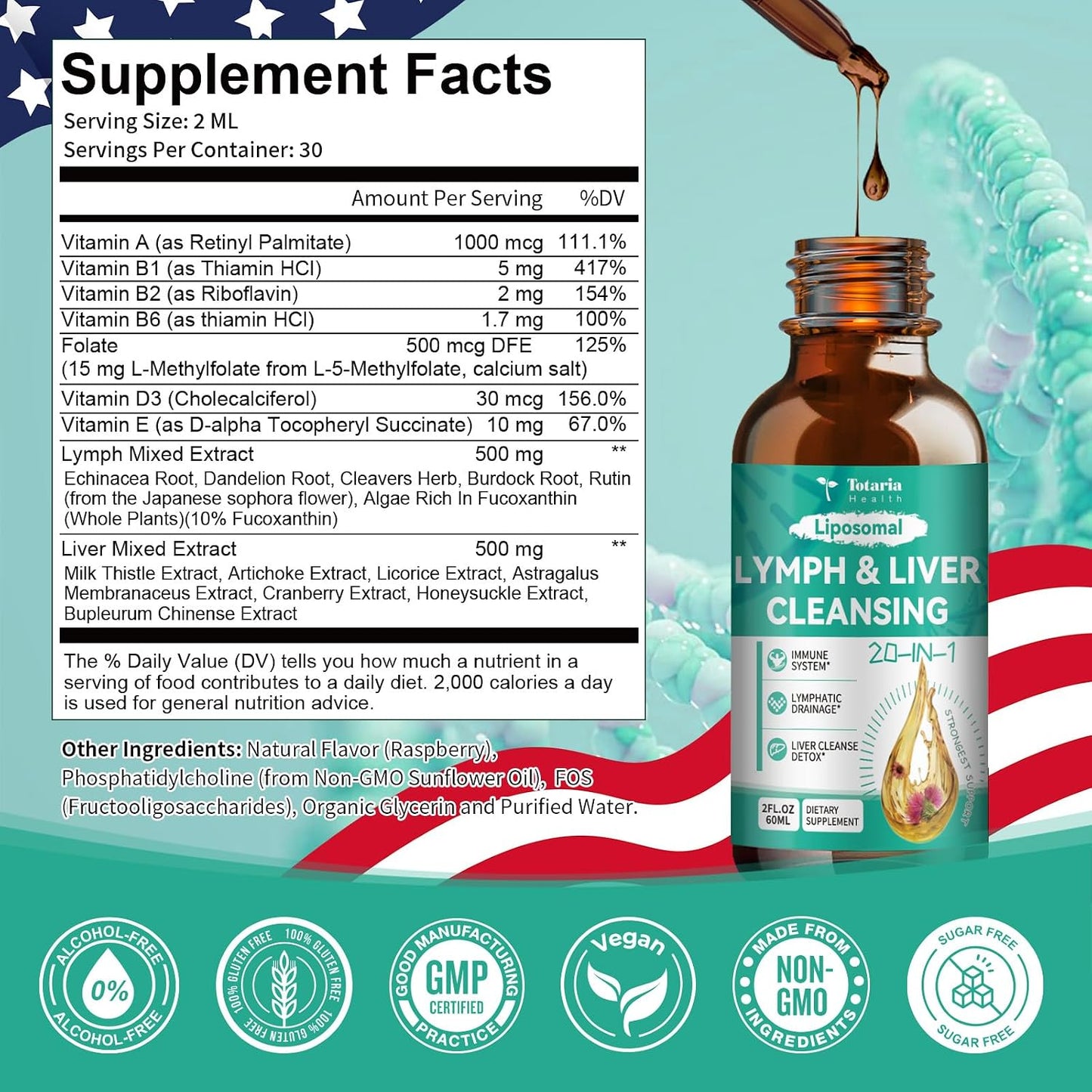 Totaria Strongest ''Lymph-Liver'' Cleanse Detox, Liposomal Organic Milk Thistle, Echinacea, Artichoke Lymphatic Drainage & Liver Repair Supplement with All Vitamins, 2 Fl.Oz
