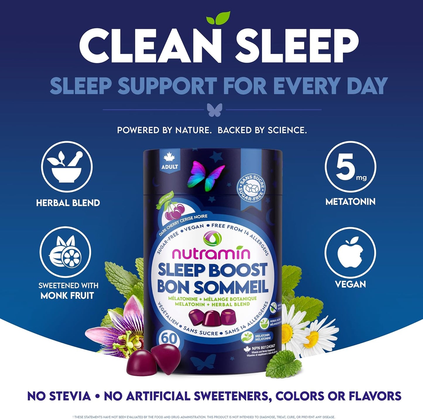 NUTRAMIN Sleep Boost - Dual Sleep Formula Melatonin + Herbal Blend - Sugar-Free, Vegan, Apple Pectin, Dark Cherry 60 ct