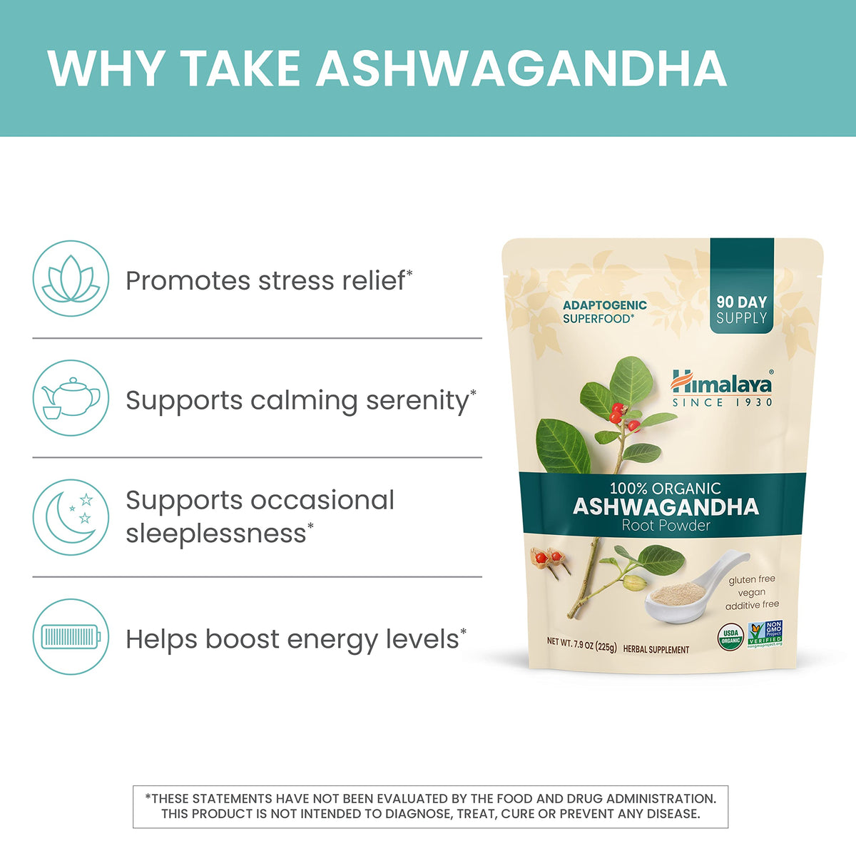 Himalaya USDA Organic Ashwagandha Root, 670 mg, 60 Day Supply, 60 Caplets