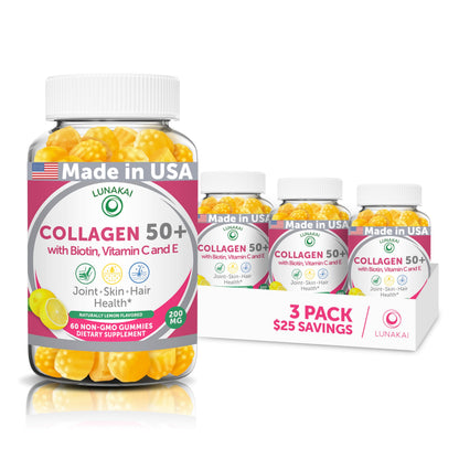 Lunakai USA Made Collagen Gummies for Women & Men Over 50, Biotin & Vitamin C, Supports Skin Elasticity, Hair & Nail Strength, Joint Support, 60ct