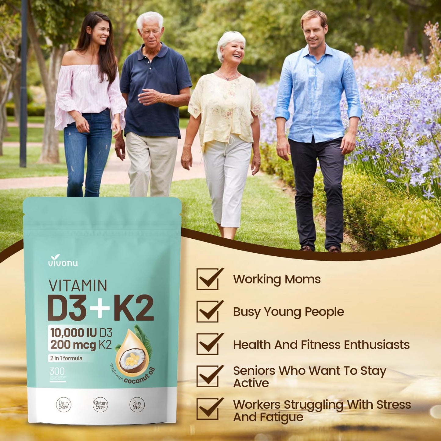 VivoNu Vitamin D3 K2 10000 IU with MK7-300 Virgin Coconut Oil Softgels, 2 in 1 Vitamins D & K Complex | Vitamina D3 con K2 (300 Softgels /1 Bag)
