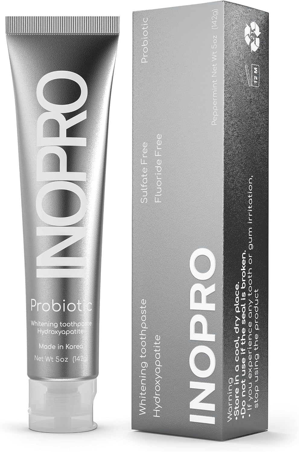 INOPRO Whitening Hydroxyapatite Toothpaste with Probiotic for Sensitive Teeth, Fluoride Free Enamel Support Toothpaste, SLS Free, Baking Soda, Coconut Oil, 5oz