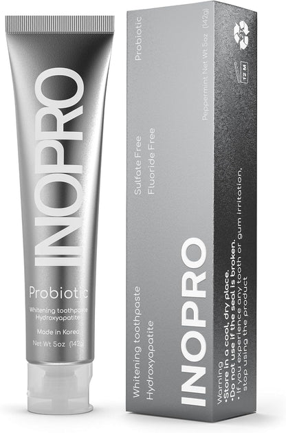 INOPRO Whitening Hydroxyapatite Toothpaste with Probiotic for Sensitive Teeth, Fluoride Free Enamel Support Toothpaste, SLS Free, Baking Soda, Coconut Oil, 5oz