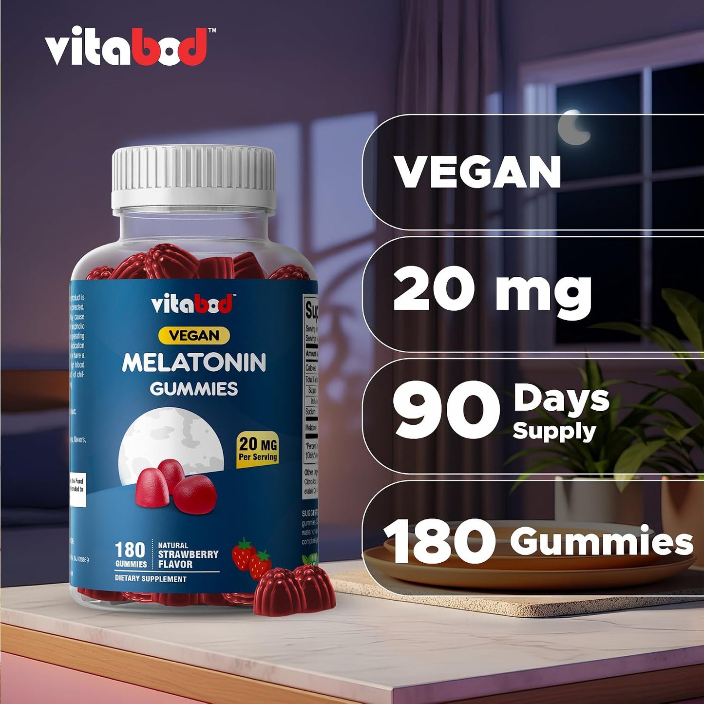 Vitabod Melatonin 20mg Gummies - 180 Count - Drug Free - Natural Strawberry Flavor - Vegetarian, Non-GMO, Gluten Free (1 Bottles)
