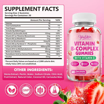 Vitamin B-Complex Gummies for Women & Men, Strawberry Flavor, 60 Count | Methyl B12, B1, B2, B3, B5, B6, B7 & B9 - Vitamin B Complex with Vitamin C for Energy, Brain & Immune Support