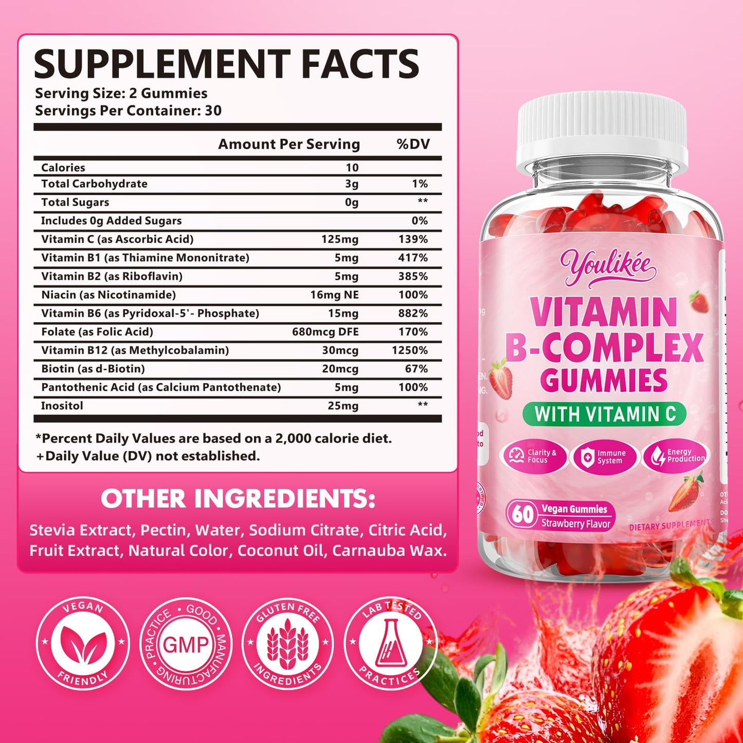 Vitamin B-Complex Gummies for Women & Men, Strawberry Flavor, 60 Count | Methyl B12, B1, B2, B3, B5, B6, B7 & B9 - Vitamin B Complex with Vitamin C for Energy, Brain & Immune Support
