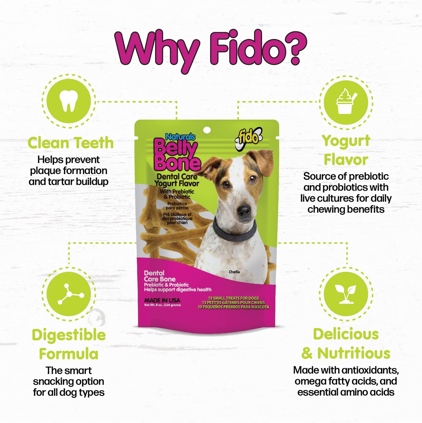 Fido Belly Bones for Dogs, Mini - 21 Count - Yogurt-Flavor Dental Treats for Small Dogs - Plaque & Tartar Control for Fresh Breath - Digestive Support - Made in USA