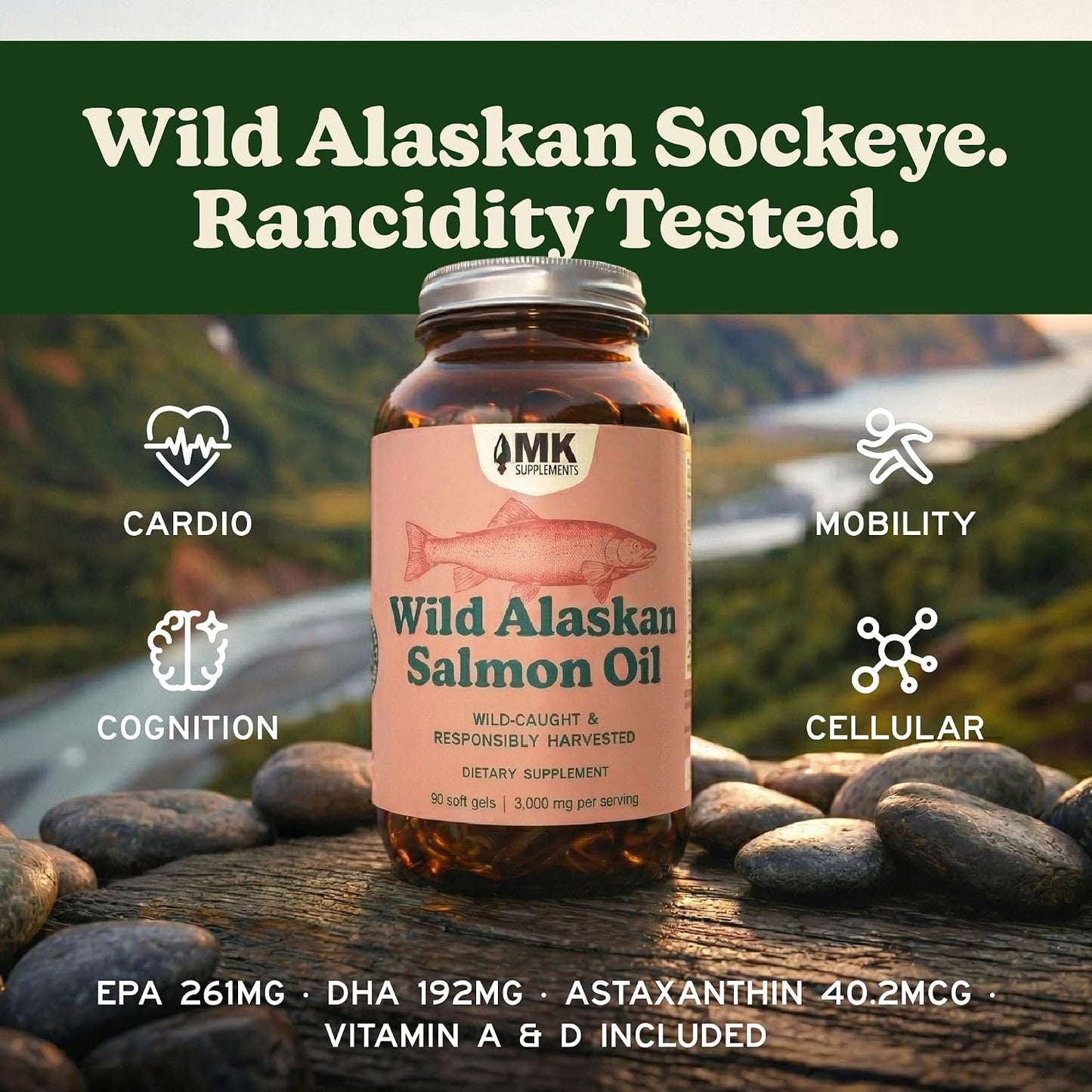 MK Supplements Wild Alaskan Sockeye Salmon Oil, Omega-3 EPA DHA | Tested for heavy metals/rancidity, 90 softgels, EPA and DHA per serving, astaxanthin, vitamins A and D, amber glass
