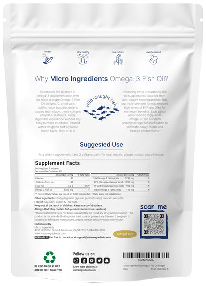Micro Ingredients Triple Strength Omega 3 Fish Oil Supplements 4200mg Per Serving, 240 Softgels – Lemon Flavored – Burpless | EPA 1200mg + DHA 900mg | Deep Sea Fish