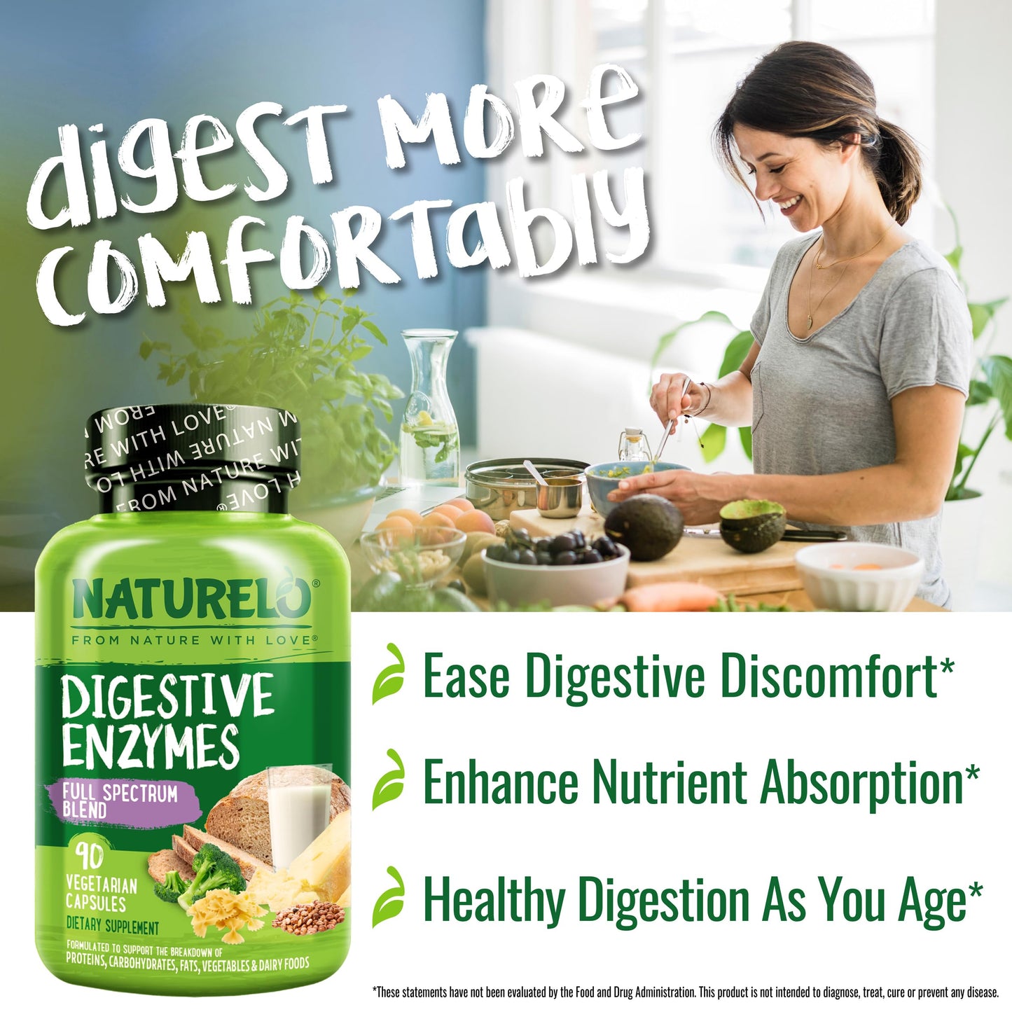 NATURELO Digestive Enzymes - Full Spectrum Support with a Broad Blend of 15 Enzymes Plus Ginger - 90 Vegan Capsules