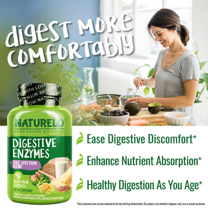 NATURELO Digestive Enzymes - Full Spectrum Support with a Broad Blend of 15 Enzymes Plus Ginger - 90 Vegan Capsules