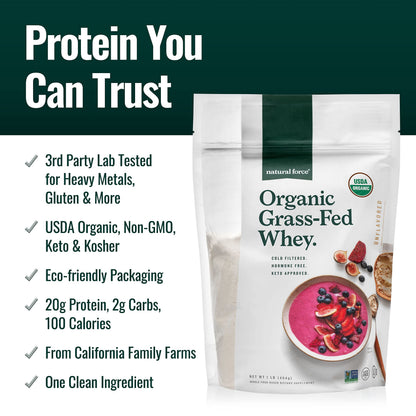 Natural Force Grass Fed Organic Whey Protein Powder – Non GMO Verified, Humane