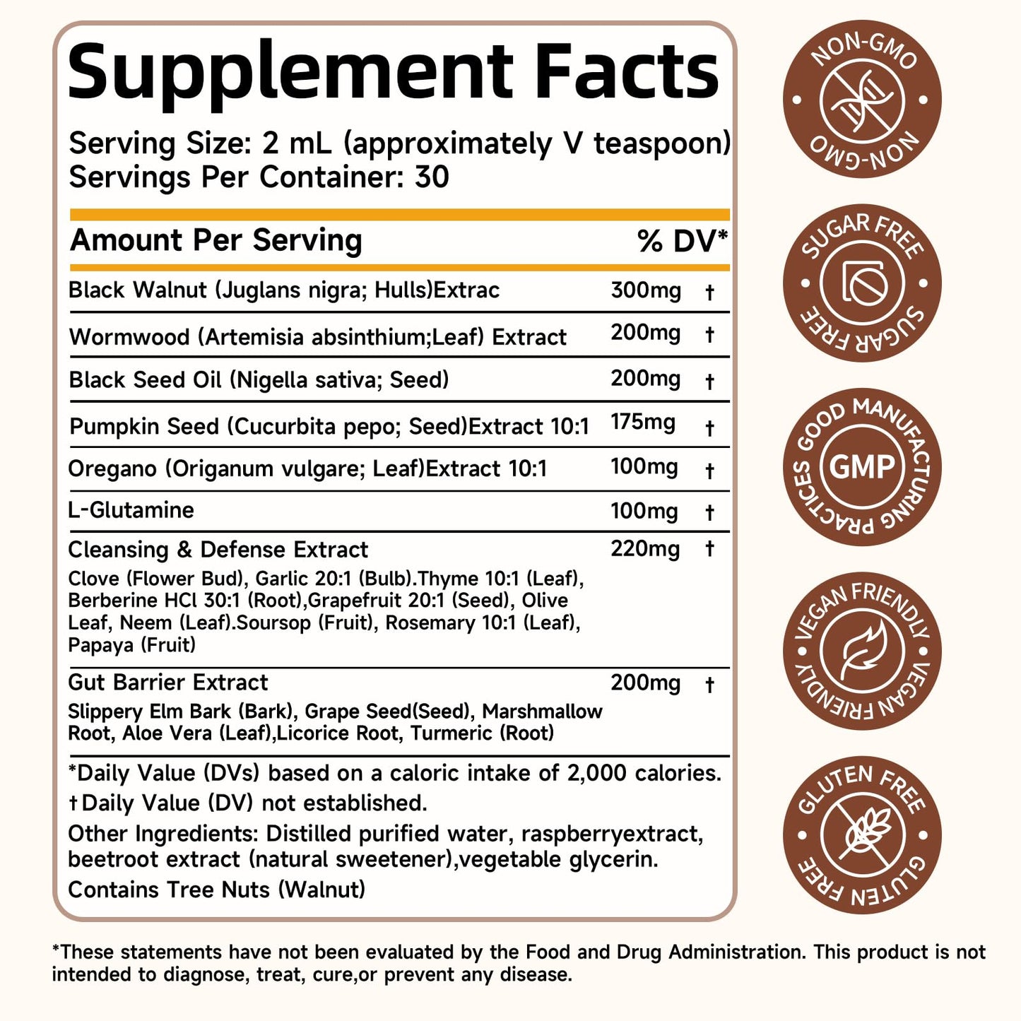 Wormwood Black Walnut Clove Cleanse Drops with Black Seed Oil, Pumpkin Seed, Oregano, Soursop, Neem, Berberine, Garlic, Rapid Gut Detox, Digestive & Gut Barrier Health, 23-in-1 with Liposomal, 2FL
