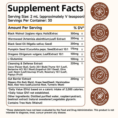 Wormwood Black Walnut Clove Cleanse Drops with Black Seed Oil, Pumpkin Seed, Oregano, Soursop, Neem, Berberine, Garlic, Rapid Gut Detox, Digestive & Gut Barrier Health, 23-in-1 with Liposomal, 2FL