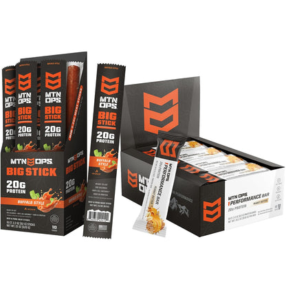 MTN OPS Big Stick High Protein Meat Sticks Buffalo Style & Peanut Butter Bliss Performance Bars Bundle