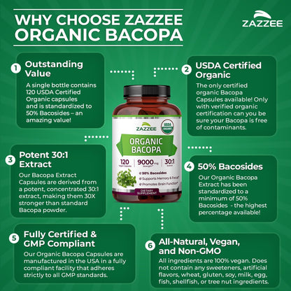 Zazzee USDA Organic Bacopa 30:1 Extract, 50% Bacosides, 120 Vegan Capsules, 4 Month Supply, Bacopa Monnieri, Cognitive, Brain & Memory Support, Non-GMO, Organic Herbal Supplement, Made in the USA