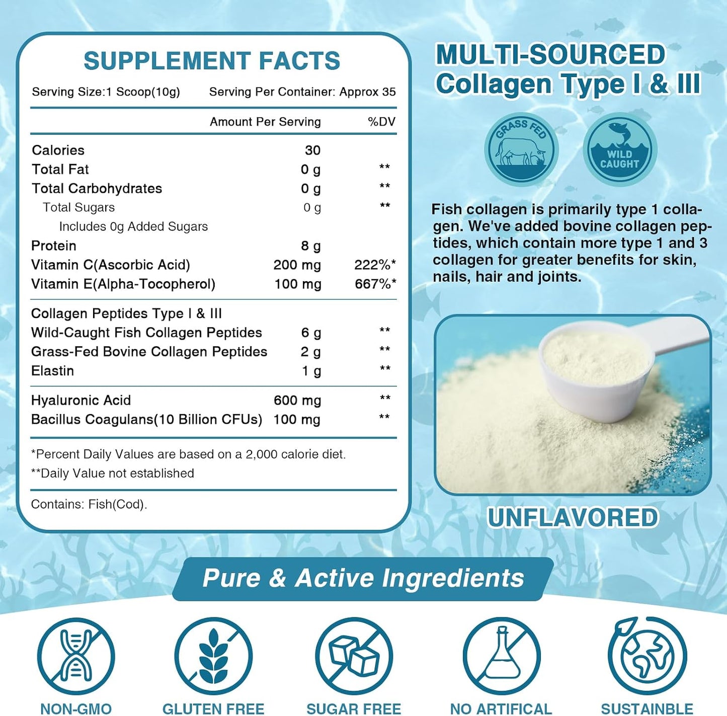 NATURE TARGET Marine Collagen Peptides Powder, 35 Servings | Type I & III Collagen, Probiotics, Vitamin C & Hyaluronic Acid, For Skin, Hair, Nails, Wild-Caught Fish & Grass-Fed Bovine