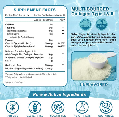 NATURE TARGET Marine Collagen Peptides Powder, 35 Servings | Type I & III Collagen, Probiotics, Vitamin C & Hyaluronic Acid, For Skin, Hair, Nails, Wild-Caught Fish & Grass-Fed Bovine
