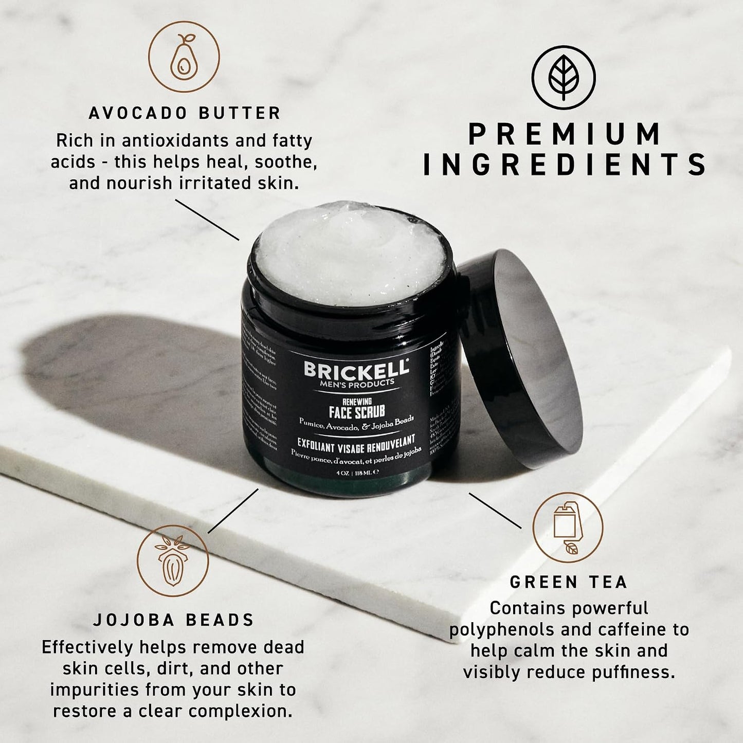 Brickell Men's Renewing Face Scrub for Men, Deep Exfoliating Facial Scrub Formulated with Pumice, Caffeine and Jojoba Beads, 4 Ounce, Scented