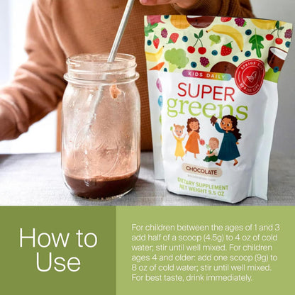 SPRIGS Kids Daily Super Greens Chocolate Powder with 48 Superfoods Probiotics Fiber Enzymes Plant Based Drink Mix for Children Supporting Digestion Immune Health Energy Growth &Daily Nutrition, 9.5 Oz