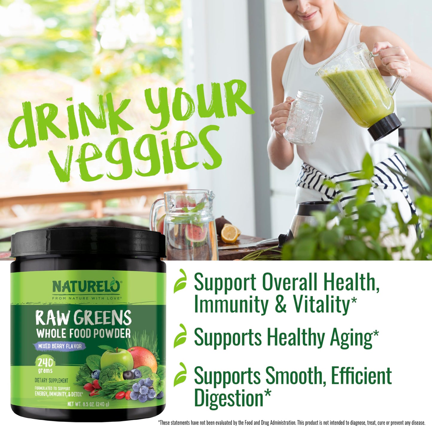 NATURELO Raw Greens Superfood Powder 480 Grams, Mixed Berry - Supports Energy, Immunity and Detox - Includes Spirulina, Wheat Grass and Organic Greens for Whole Food Nutrition