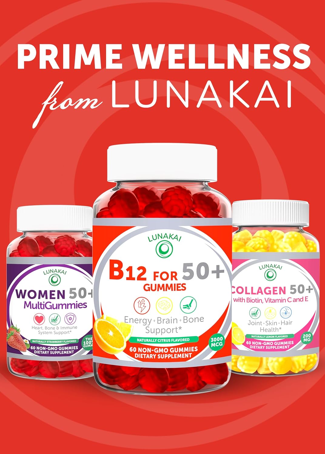 Lunakai USA Made Vitamin B12 Gummies for Adults 50+, 3000mcg, 60ct | Non-GMO, Vegan B12 Supplement for Energy Metabolism & Daily Vitality Support - Tasty & Non-Sticky Gummies