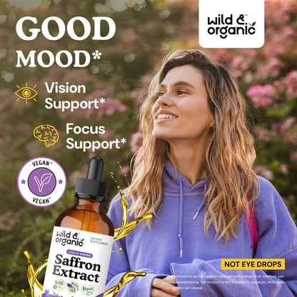 Wild & Organic Saffron Supplements 88.5 mg - Mood, Focus & Eye Support - Saffron Extract Liquid Drops - Add to Tea - 5-Month Supply - Crocus Sativus Herb - Vegan, Sugar & Alcohol-Free Tincture - 4 oz