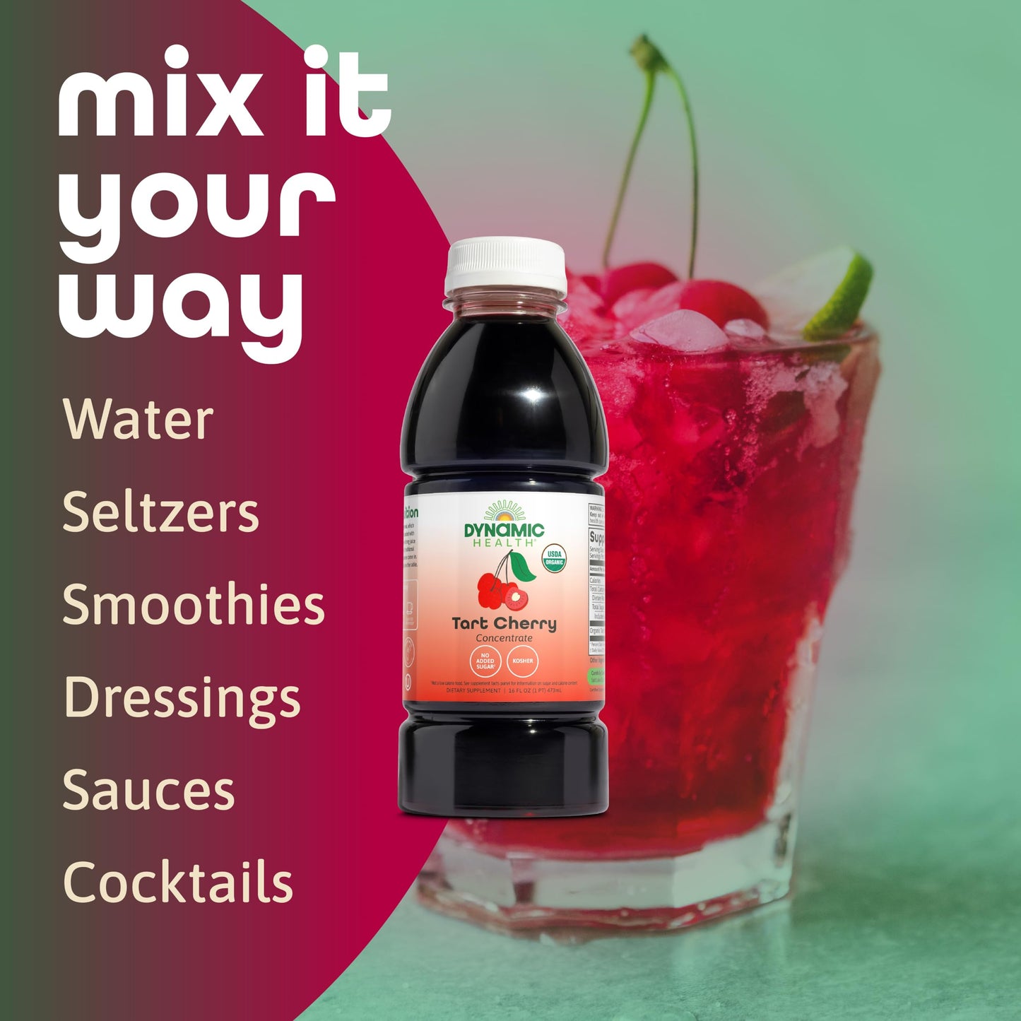 Dynamic Health Organic Tart Cherry Juice, Unsweetened 100% Juice Concentrate, Antioxidants Supplement, No Sweeteners or Additives, Vegan, Gluten Free, BPA Free (32oz)