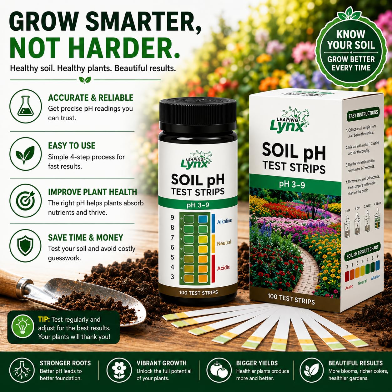 Soil pH Test Kit (3-9 Range) – 100 Test Strips for Garden, Lawn, Vegetable & Flower Beds | Quick & Easy Soil pH Monitoring for Indoor & Outdoor Plants | Leaping Lynx