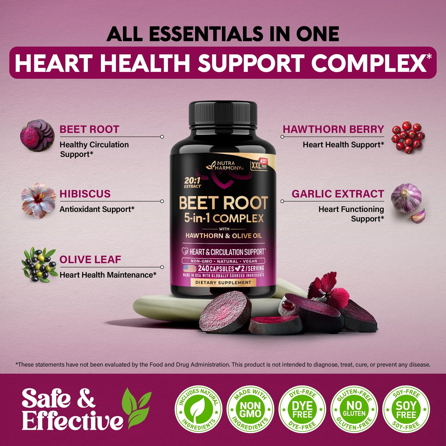 Beet Root Capsules - Healthy Blood Pressure Support Supplement** for Heart & Circulation Support - with Hawthorn Berry, Hibiscus & Garlic - Nitric Oxide for Energy - Made in USA, 120 Capsules