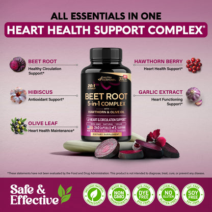 Beet Root Capsules - Healthy Blood Pressure Support Supplement** for Heart & Circulation Support - with Hawthorn Berry, Hibiscus & Garlic - Nitric Oxide for Energy - Made in USA, 120 Capsules