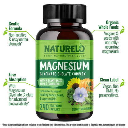 NATURELO Magnesium Glycinate Chelate Complex - 200 mg Magnesium with Organic Vegetables to Support Sleep, Calm, Muscle Cramp & Stress Relief - Gluten Free, Non GMO - 120 Capsules