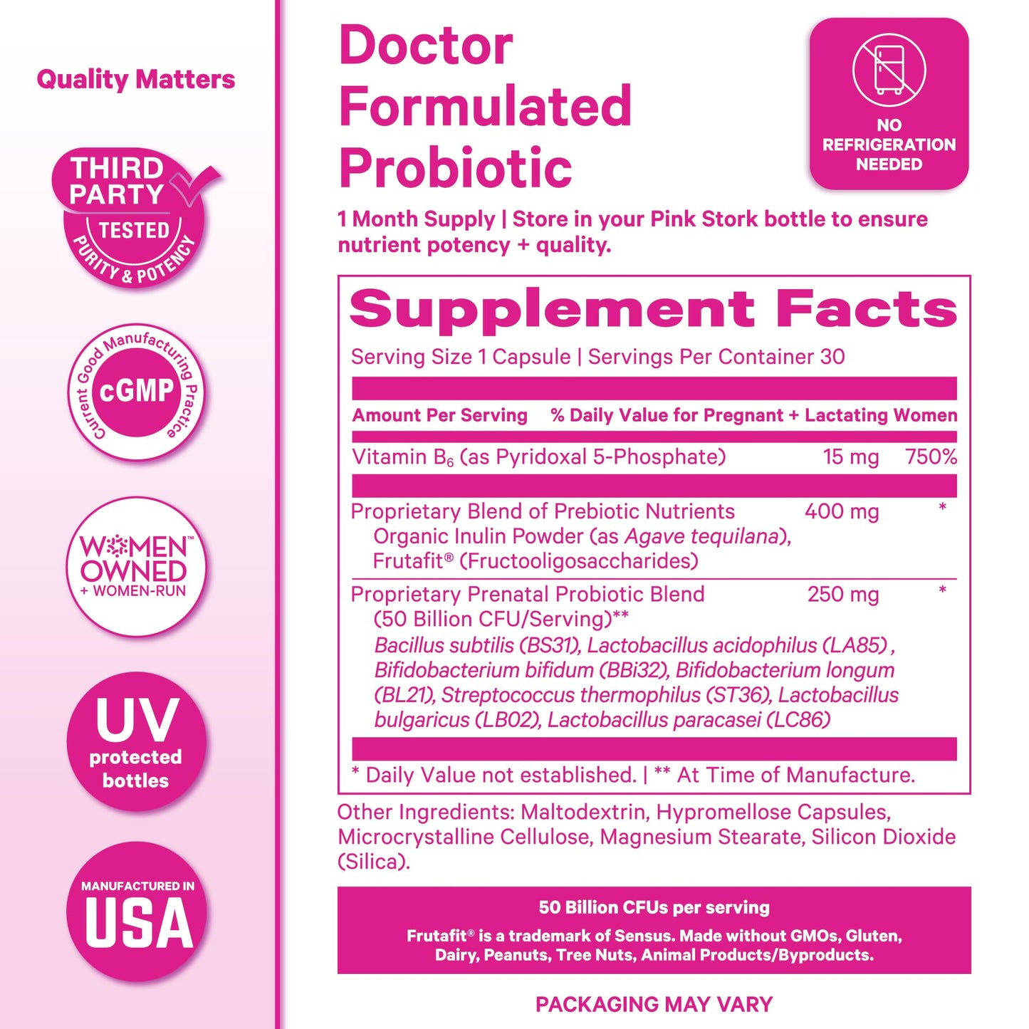 Pink Stork Prenatal Probiotic for Women with 50 Billion CFU, 30 Capsules | Added Vitamin B6 + Prebiotics, Morning Sickness Support, Vegan & Gluten-Free, Digestive, Immune, + Gut Health