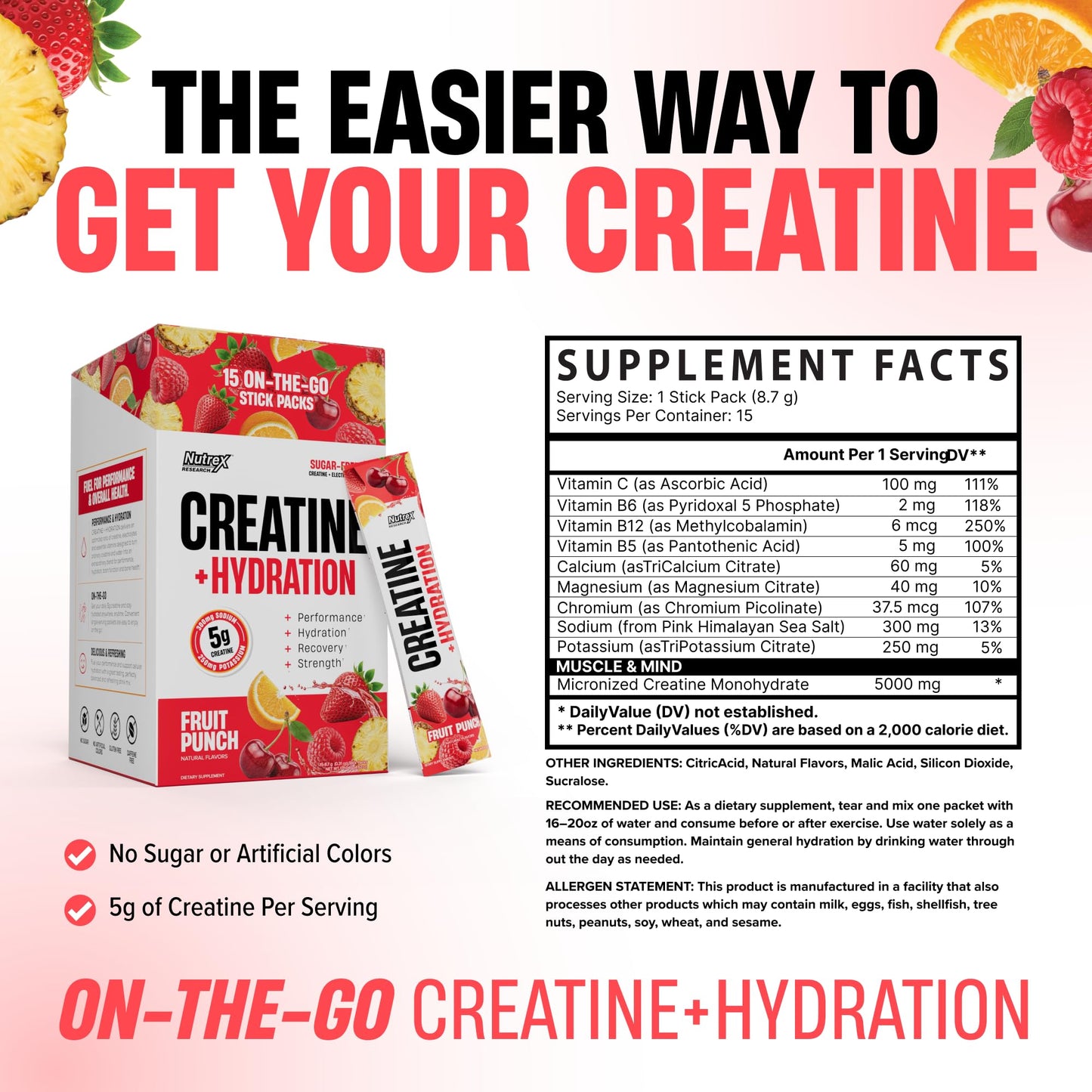 Nutrex Research Essentials Creatine + Hydration Stick Packs, 5g Creatine + Electrolytes, Sugar Free, Gluten Free, Strawberry Watermelon, 15 On-The-Go Stick Packs